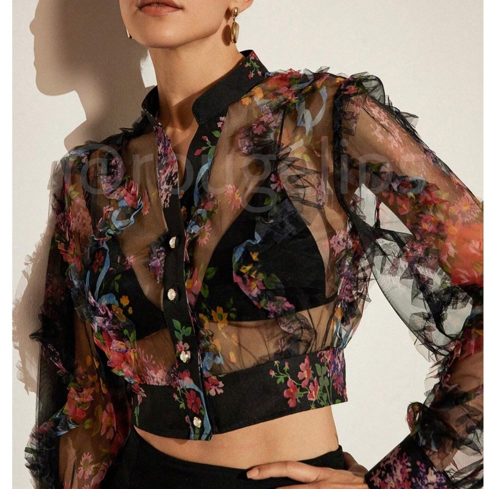 Black Sheer Floral Ruffle Textured Crop Button Up Blouse Shirt Top